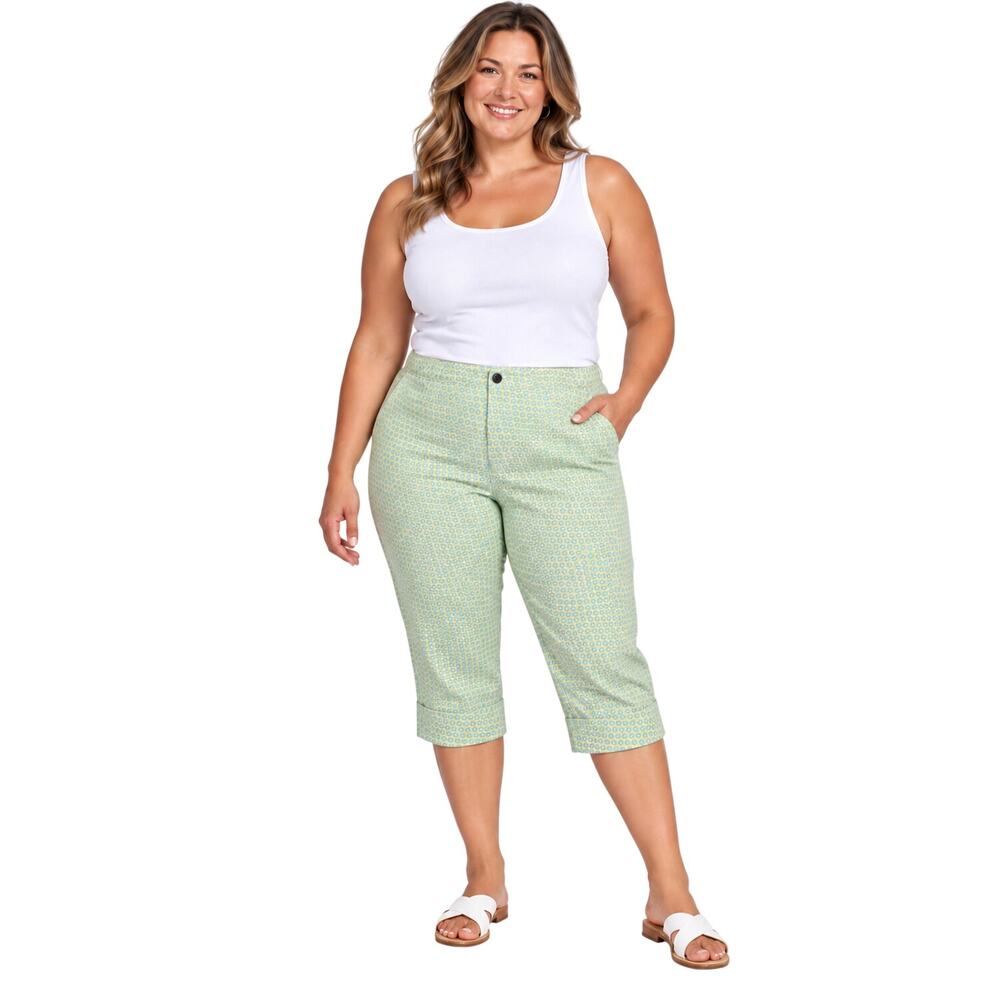 Liz claiborne sz 14 lime green blue floral high rise capri 100% cotton pants